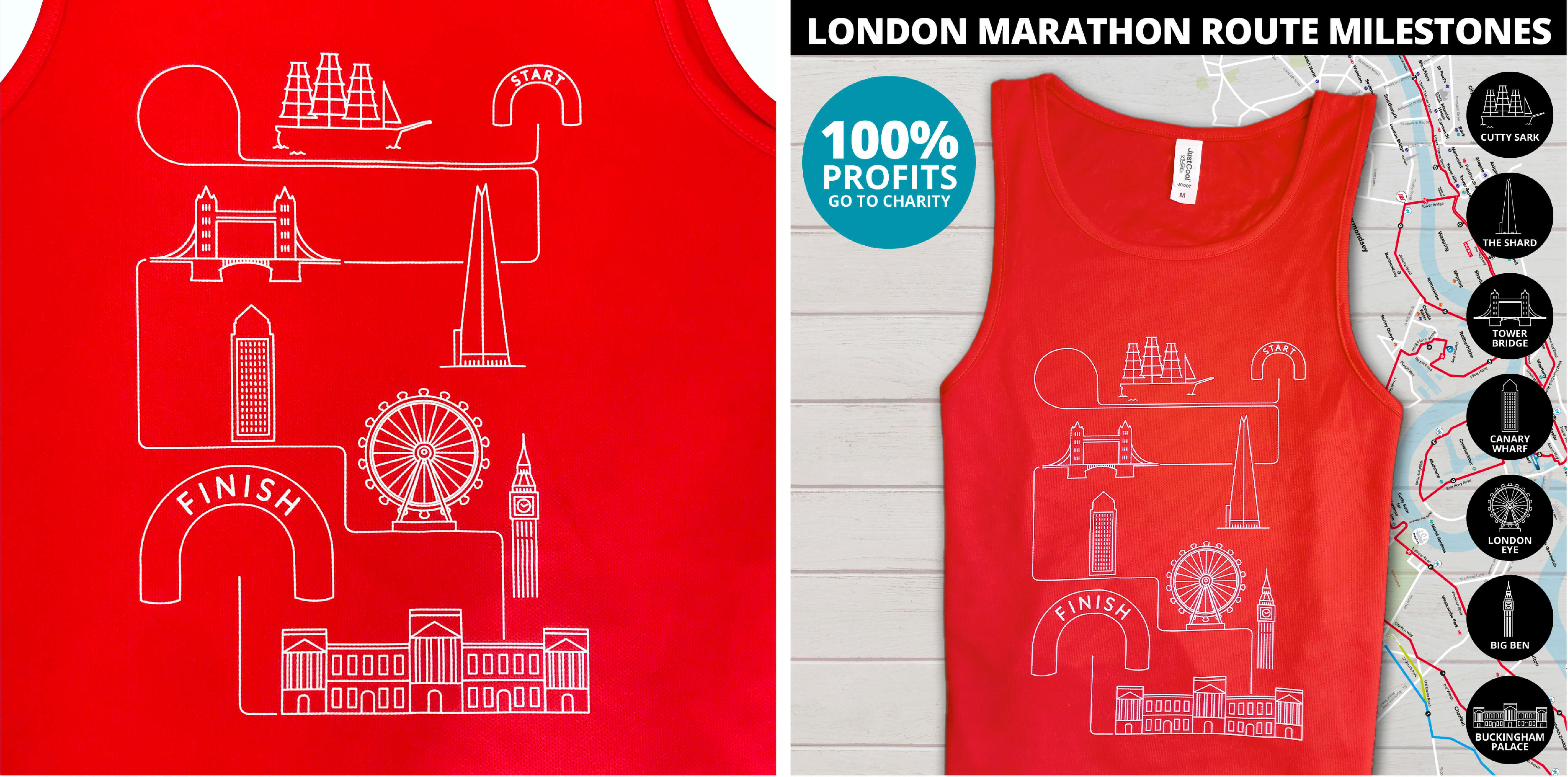 London Marathon Running top with Landmarks along route